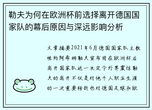 勒夫为何在欧洲杯前选择离开德国国家队的幕后原因与深远影响分析